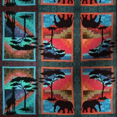 Elephant and Giraffe side by side in African scenes. Black,turquoise,blues and orange 