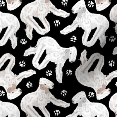 Trotting Bedlington Terriers and paw prints - black