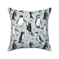 Watercolor Penguins with little Blue Fish on Grey