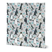 Watercolor Penguins with little Blue Fish on Grey