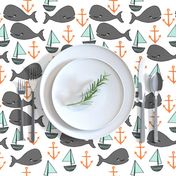 nautical whales // mint and grey fabric for baby nursery cute whales anchors sailboats fabric andrea lauren fabric andrea lauren design