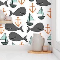 nautical whales // mint and grey fabric for baby nursery cute whales anchors sailboats fabric andrea lauren fabric andrea lauren design