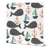 nautical whales // mint and grey fabric for baby nursery cute whales anchors sailboats fabric andrea lauren fabric andrea lauren design