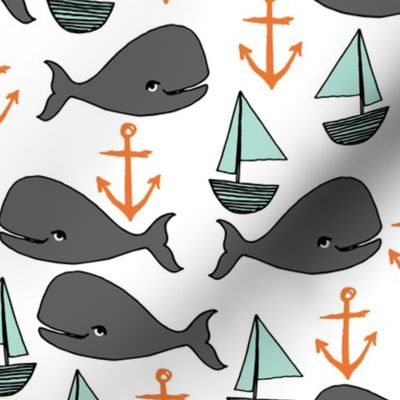 nautical whales // mint and grey fabric for baby nursery cute whales anchors sailboats fabric andrea lauren fabric andrea lauren design