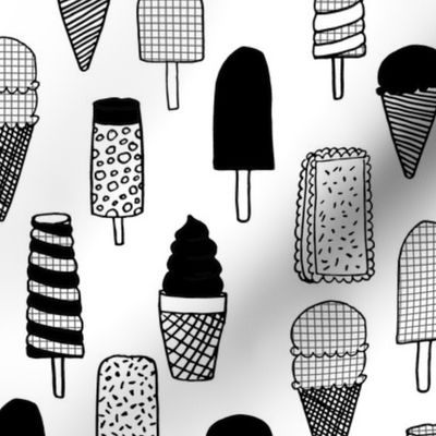 ice cream fabric  // ice cream cones black and white kids fun tropical summer sweets fabric print design