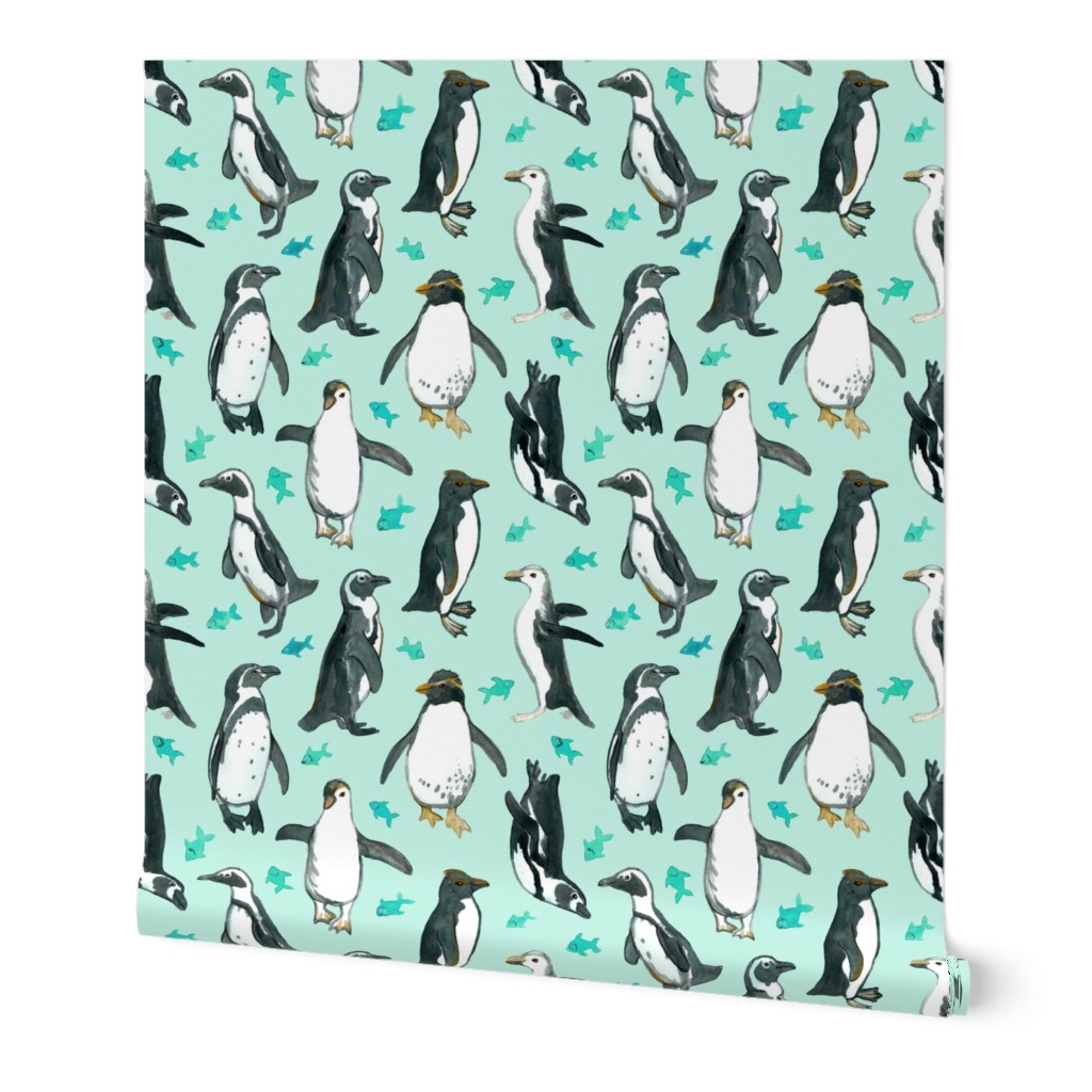 Watercolor Penguins with little Teal Fish on Mint