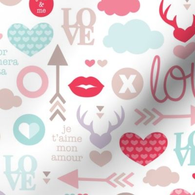 Love for Valentine hearts deer lips cupid arrows and text design