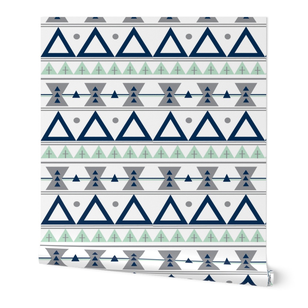 Tribal in Navy, Grey, and Mint - Triangles