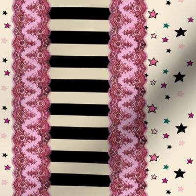 Pink Lace Stripe Border Stars on Cream