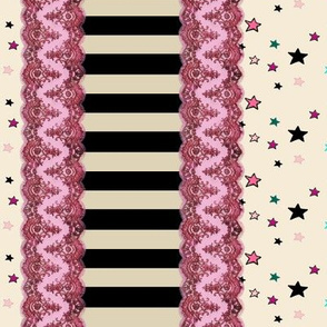 Pink Lace Stripe Border Stars on Cream