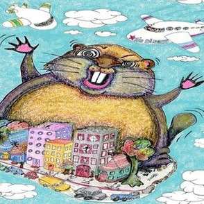 Giant Punxsutawney Phil (Philzilla) Groundhog Attacks Pennsylvania! large scale, blue aqua turquoise