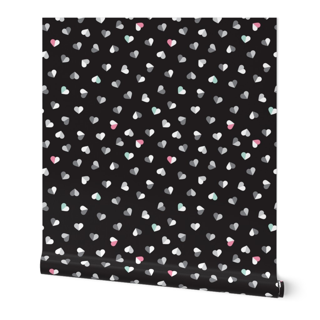 Abstract scandinavian style pastel pink mint and black hearts love print for Valentine