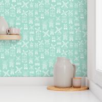 Soft blue mint windmill illustration Holland travel pattern