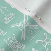 Soft blue mint windmill illustration Holland travel pattern