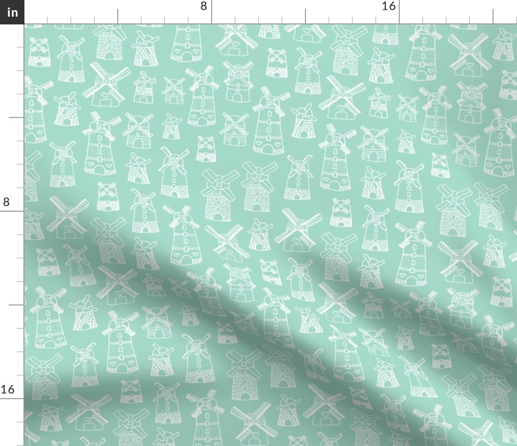 Soft blue mint windmill illustration Holland travel pattern