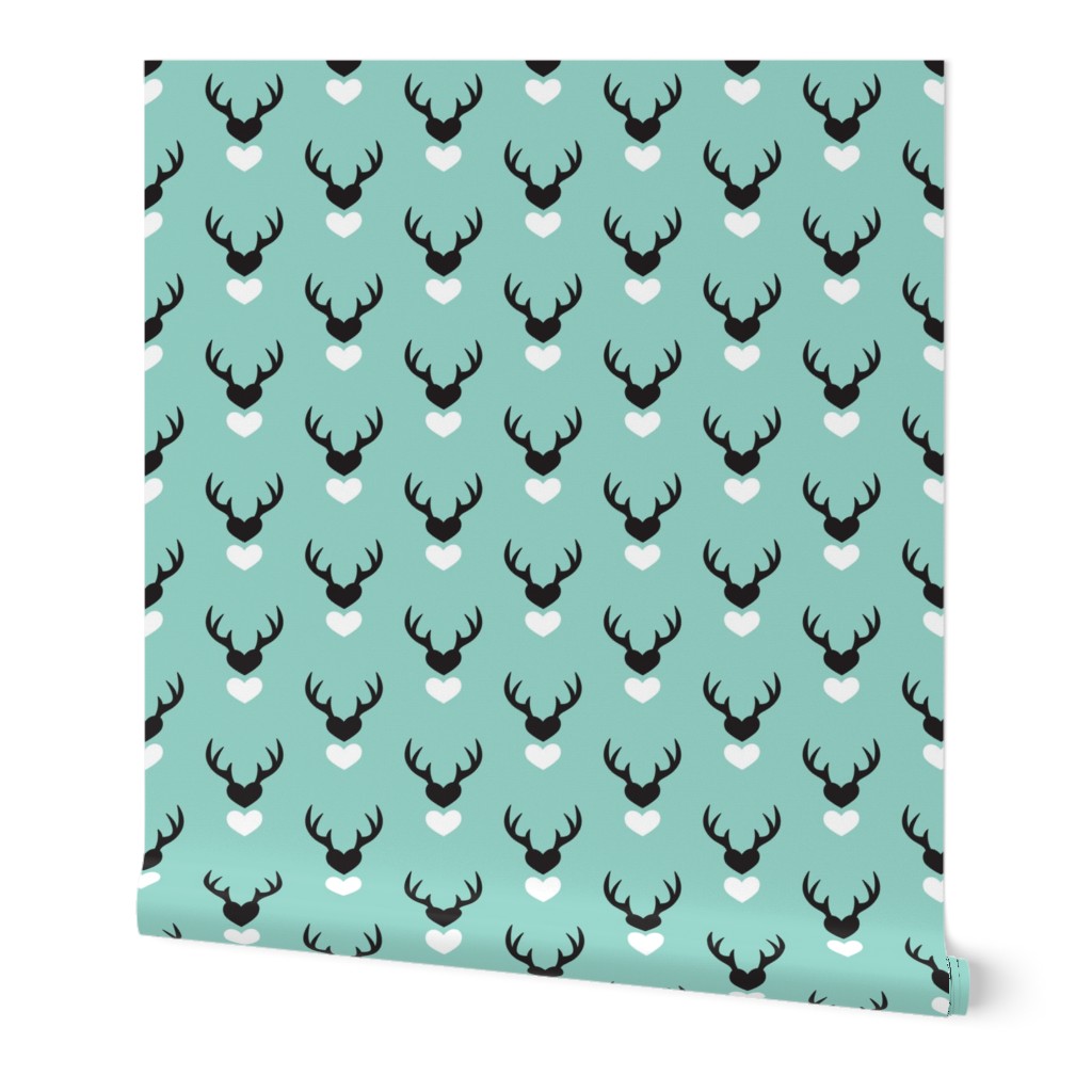 Cute blue scandinavian woodland deer antlers and hearts Valentine love pattern