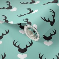 Cute blue scandinavian woodland deer antlers and hearts Valentine love pattern