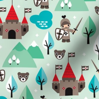 Knight sword and castle woodland illustration with grizzly bearspattern