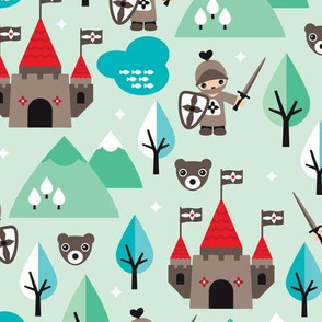 Knight sword and castle woodland illustration with grizzly bearspattern