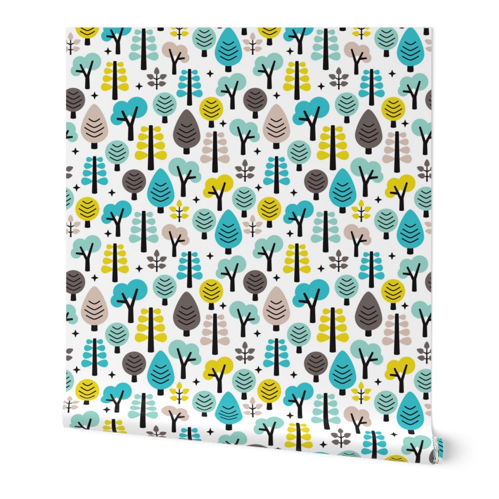 Colorful retro woodland trees cute scandinavian forest illustration pattern