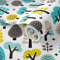 Colorful retro woodland trees cute scandinavian forest illustration pattern