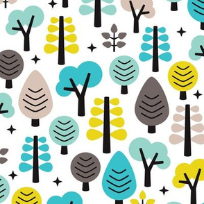 Colorful retro woodland trees cute scandinavian forest illustration pattern