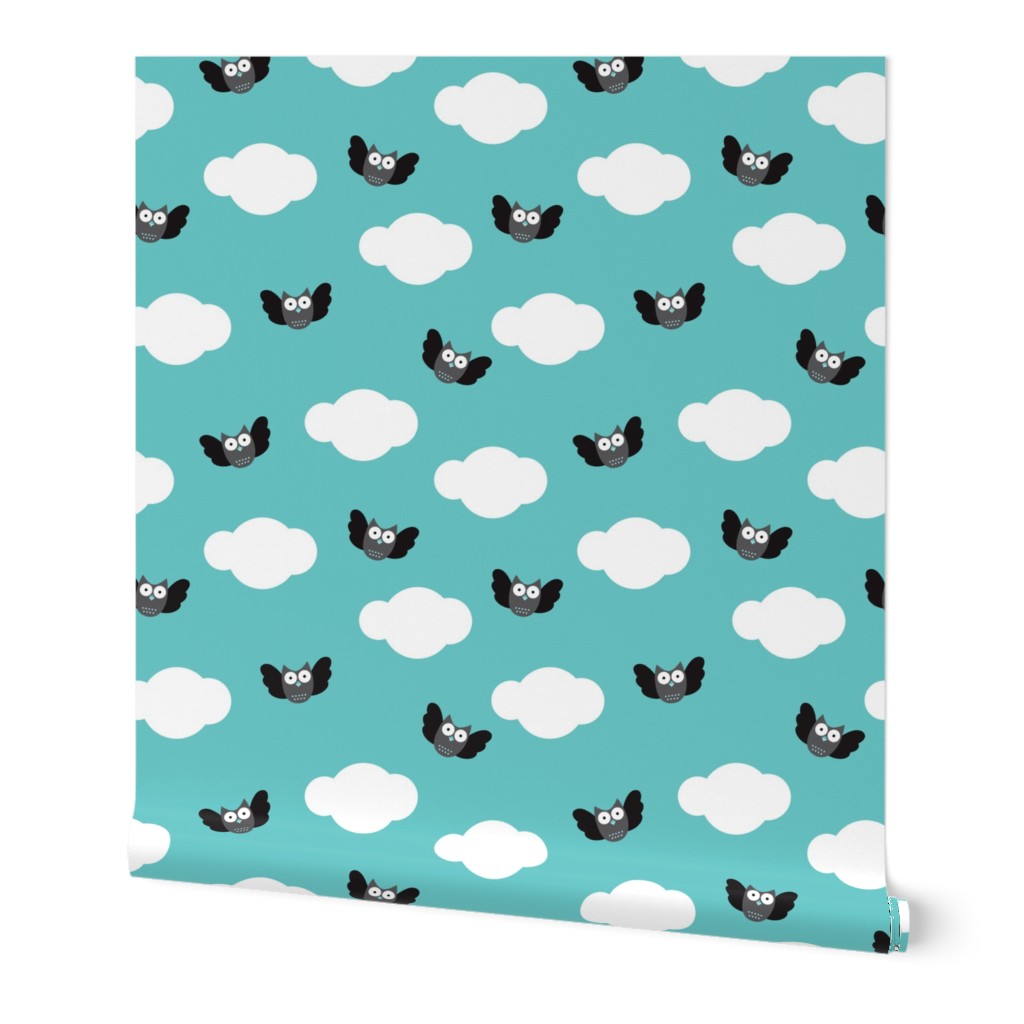 Dreamy clouds and owls in the sky blue illustration pattern