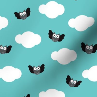 Dreamy clouds and owls in the sky blue illustration pattern