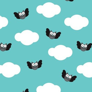 Dreamy clouds and owls in the sky blue illustration pattern