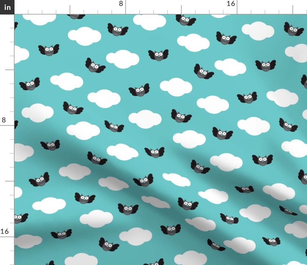 Dreamy clouds and owls in the sky blue illustration pattern