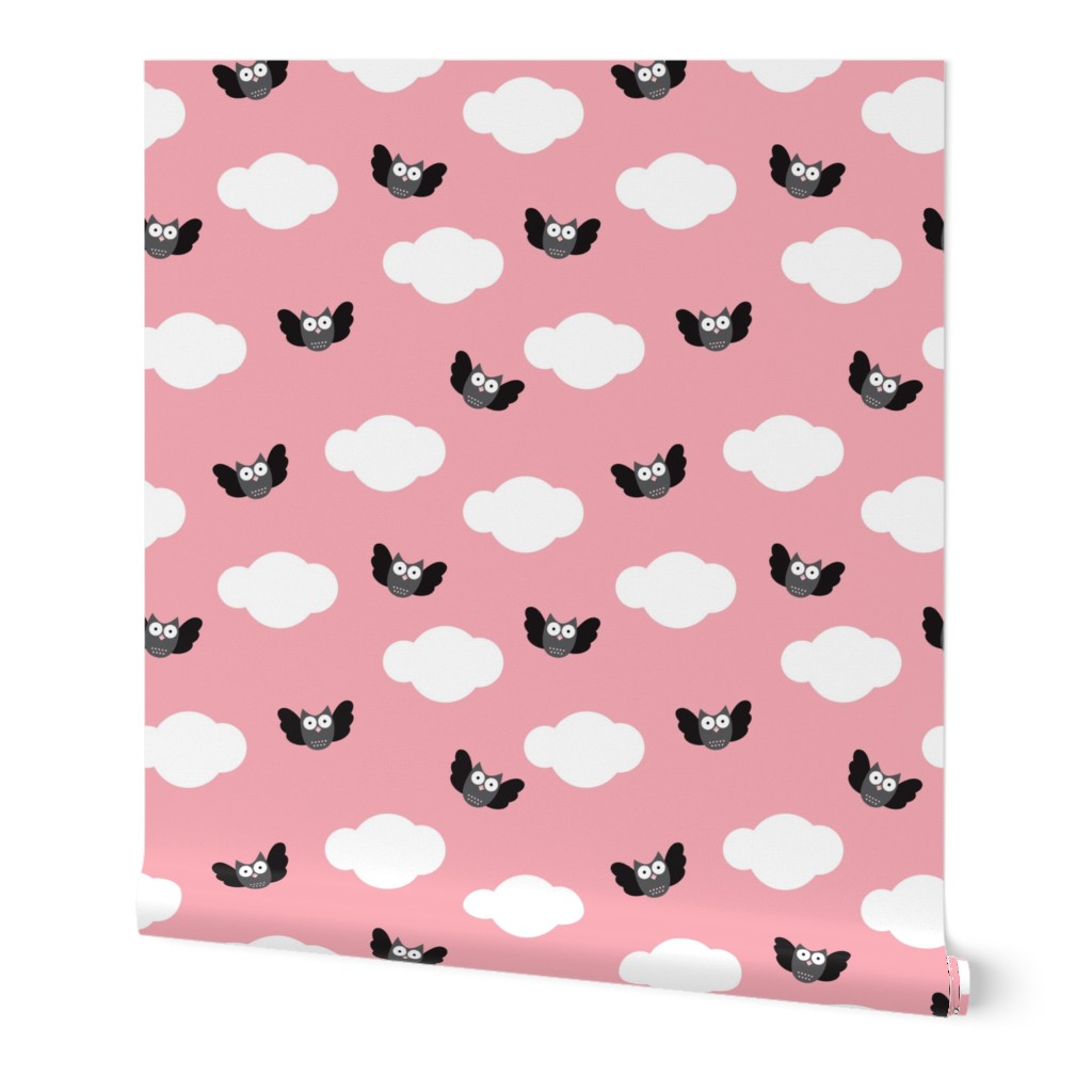 Dreamy clouds and owls in the sky pink pastel illustration pattern