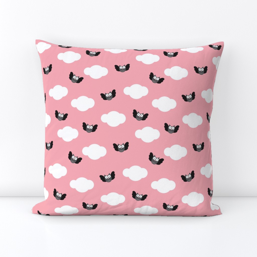 Dreamy clouds and owls in the sky pink pastel illustration pattern