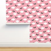 Dreamy clouds and owls in the sky pink pastel illustration pattern