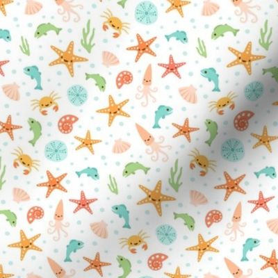 Kawaii sea life pattern with starfish, crabs, fish and seashells