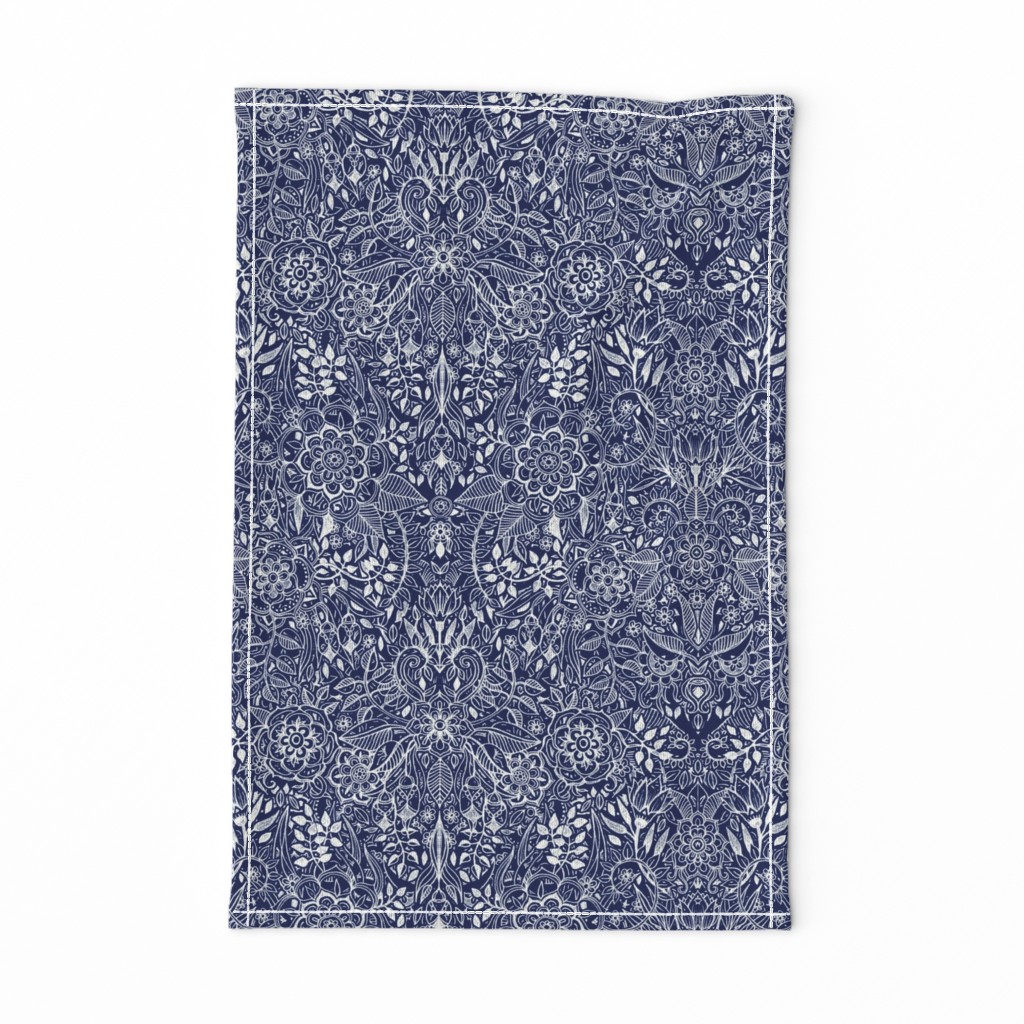 Detailed Botanical Doodle - White on Navy Blue