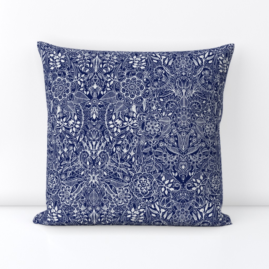 Detailed Botanical Doodle - White on Navy Blue