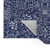 Detailed Botanical Doodle - White on Navy Blue