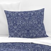 Detailed Botanical Doodle - White on Navy Blue