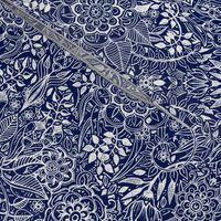 Detailed Botanical Doodle - White on Navy Blue