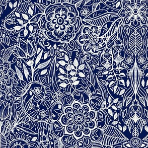Detailed Botanical Doodle - White on Navy Blue