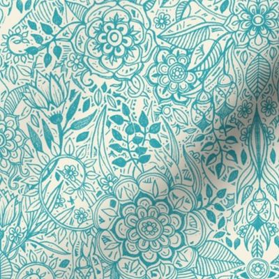 Detailed Botanical Doodle - Teal on Cream