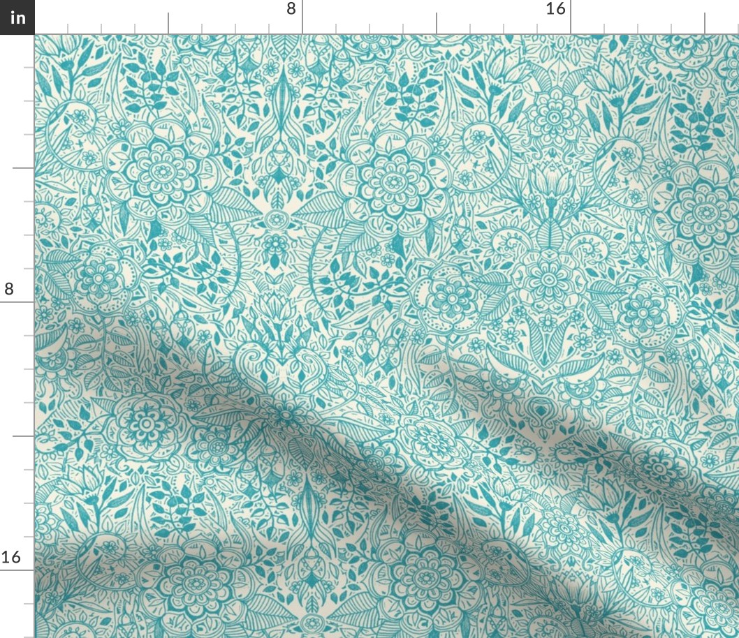 Detailed Botanical Doodle - Teal on Cream