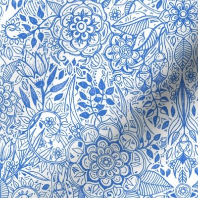 Detailed Botanical Doodle - Blue on White