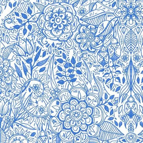 Detailed Botanical Doodle - Blue on White