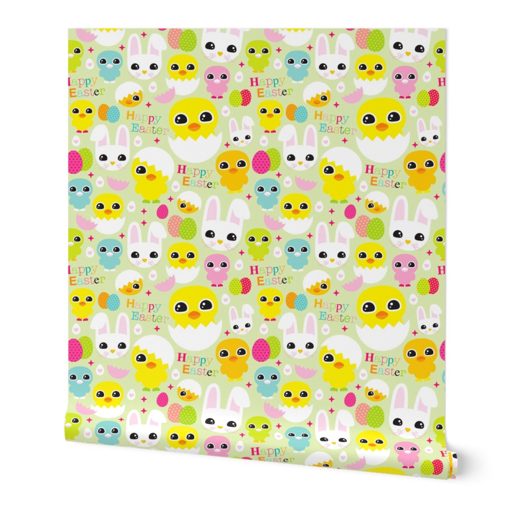 Happy easter chicken and bunny spring coloeful egg illustration pattern