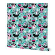 Cute little girls pirate fish coral and whale ocean life illustration pattern