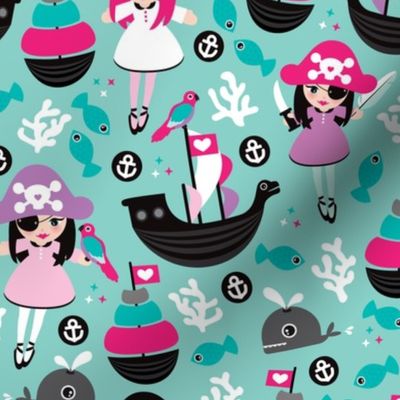 Cute little girls pirate fish coral and whale ocean life illustration pattern