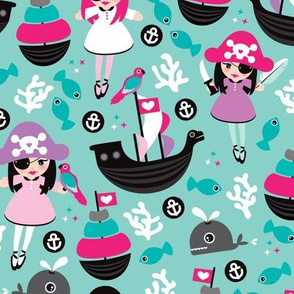 Cute little girls pirate fish coral and whale ocean life illustration pattern