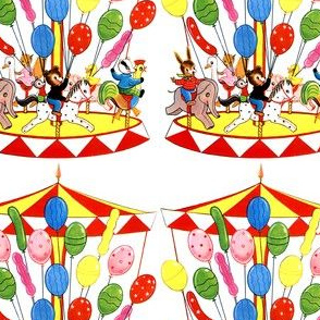 vintage carousel balloons bunny bunnies rabbits elephants horses pony bears badgers ducklings ducks pigs goose geese squirrels children 