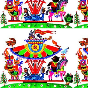 fishes folk art tribal carousel trees roosters birds bunny rabbits musicians violin horses bears hedgehogs porcupines mouse rats monkeys giraffe bunnies vintage